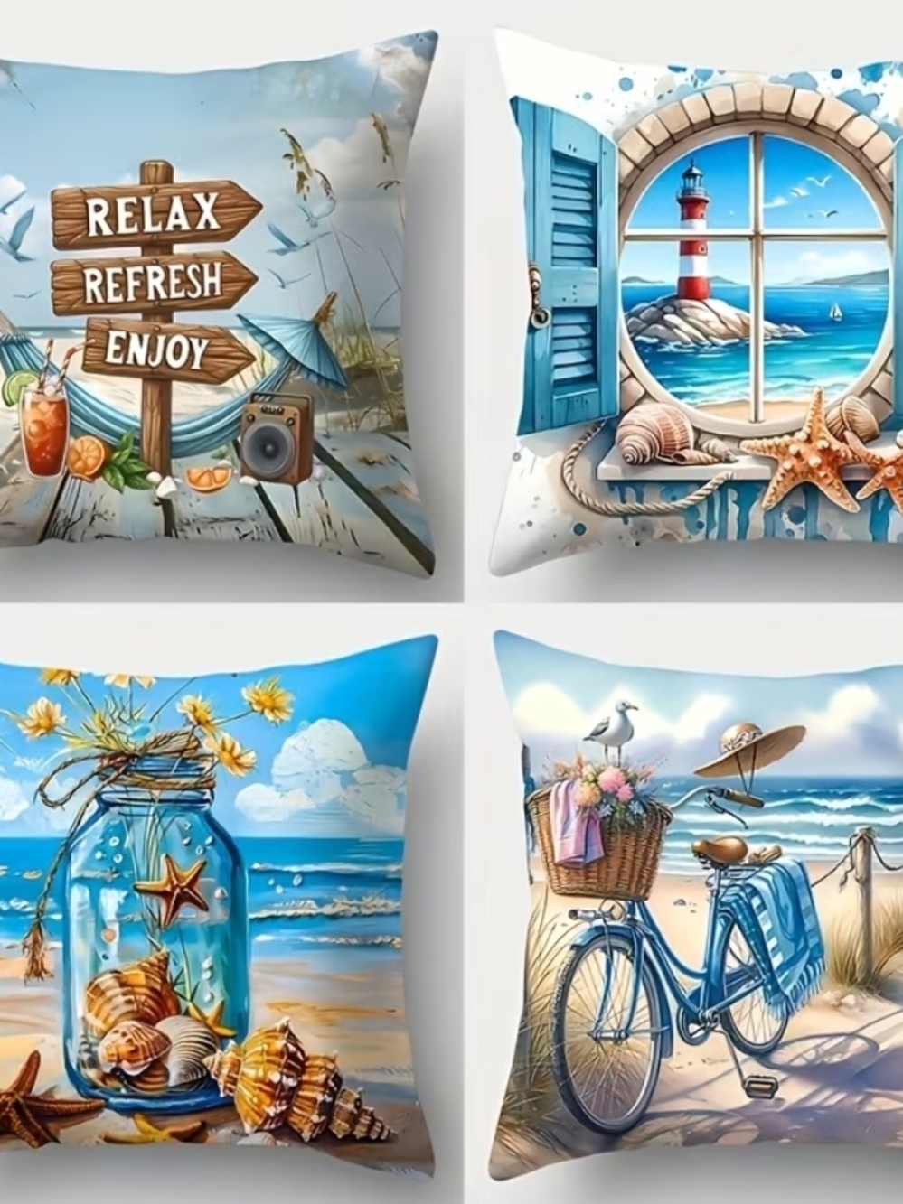 4 Pcs. Coastal Blue Decorative Throw Pillow - Beach Scene Accent